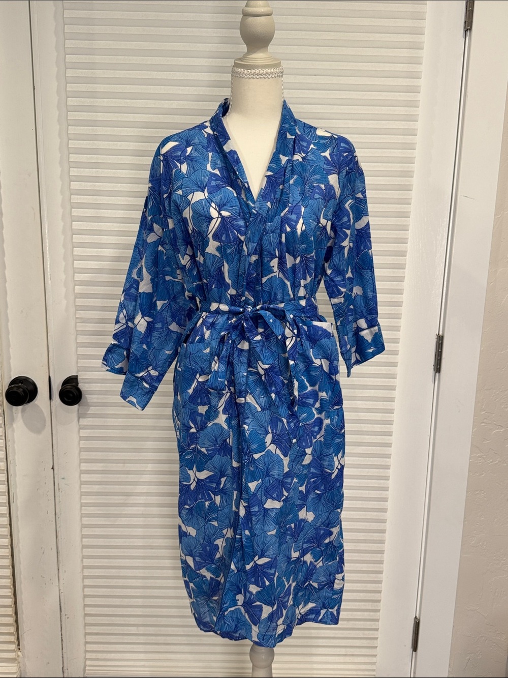 100% Cotton Blue Floral Tie-Waist Robe with Belt - Women’s Kimono 0866